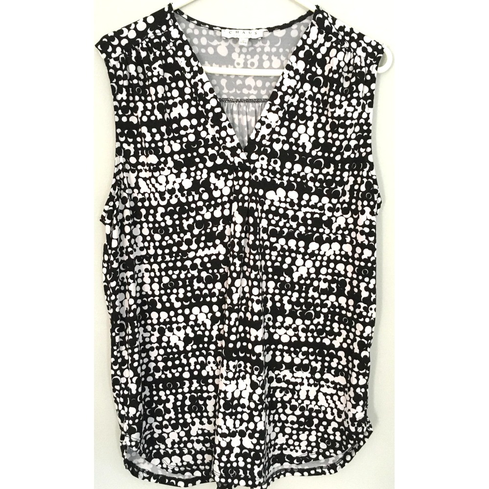 Chaus New York Blouse Womens XL Black White Sleeveless Surplice V-Neck Polka Dot